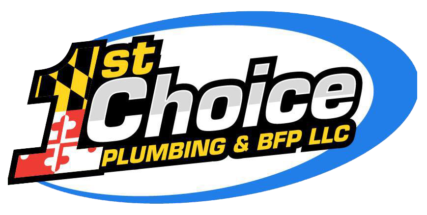 A blue and white logo for the first choice plumbing & bfp.